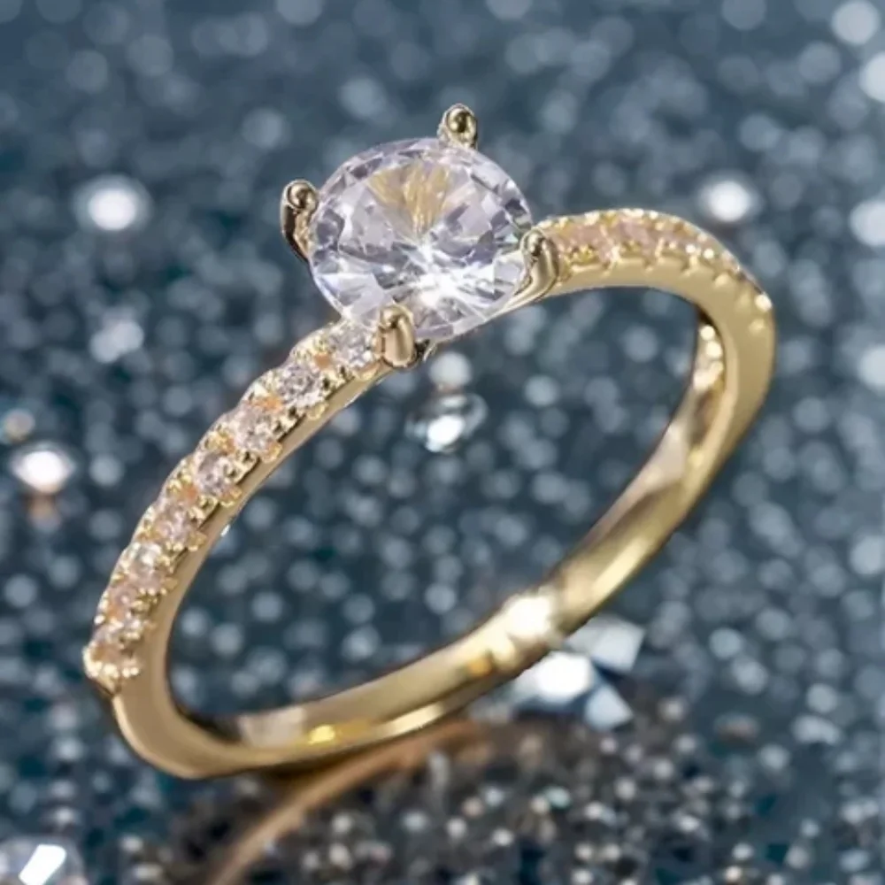 Brilliant Round Cut Simulated Diamonds 14k Gold Plated Engagement Ring
